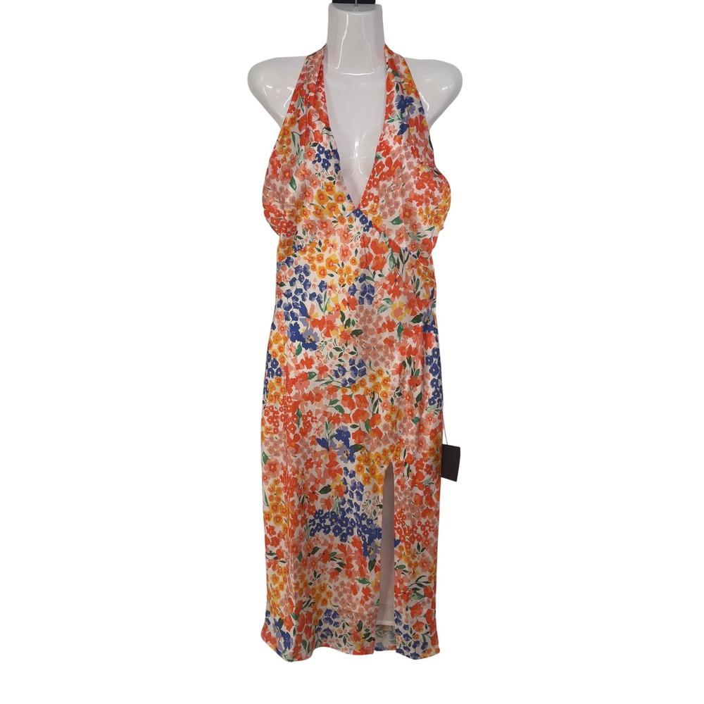 Lulus‎ Womens Floral Satin Halter Backless Midi Dress XS Maximalist Cocktail
